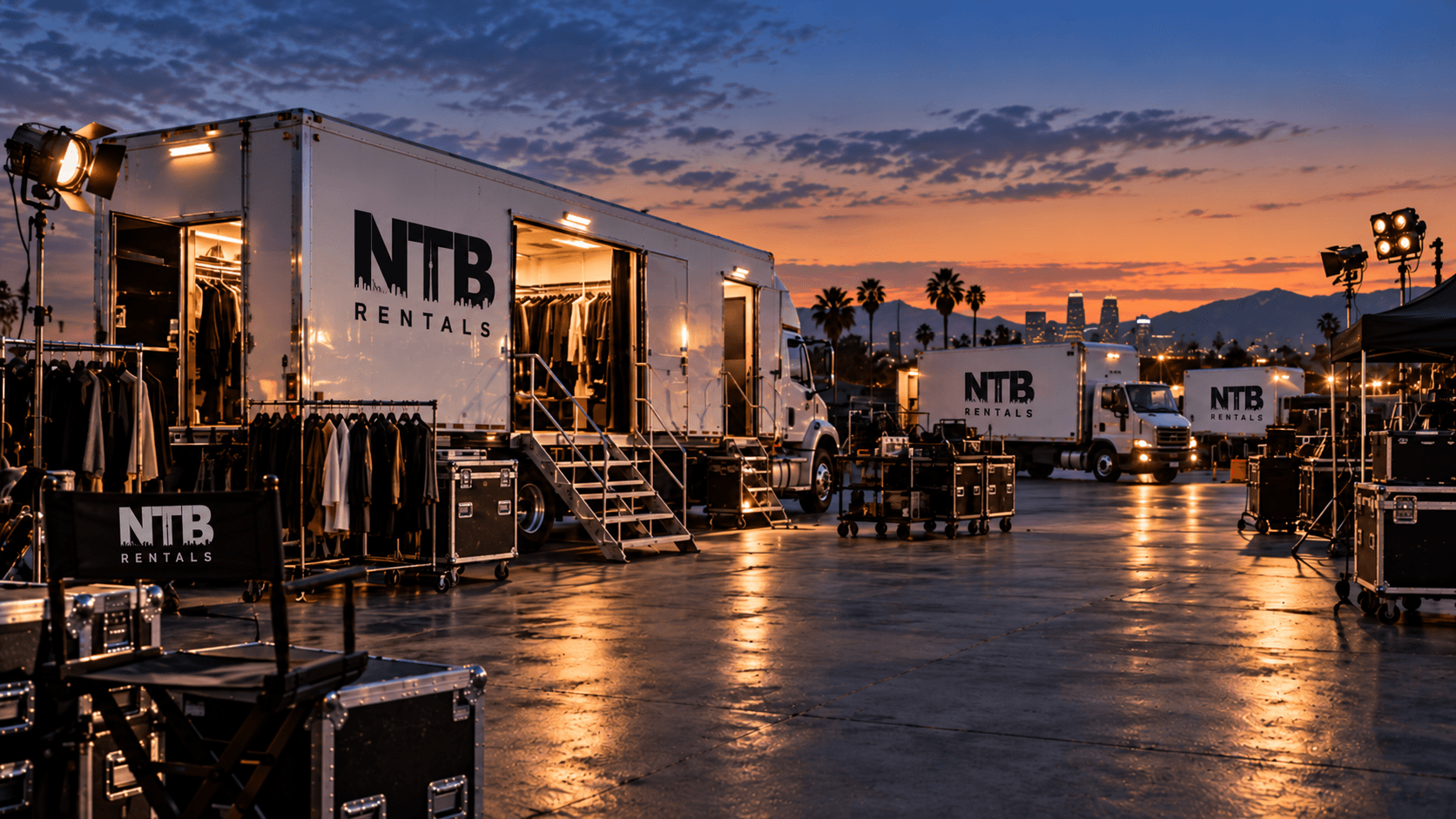 Cinematic NTB Rentals wardrobe trailers and production trucks on a film lot at twilight