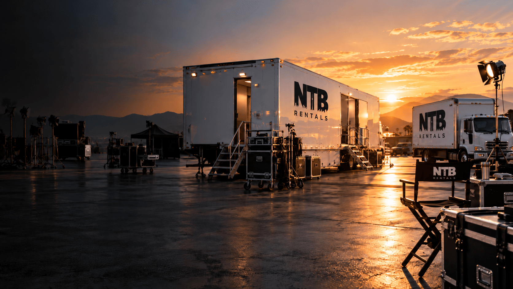 Cinematic production fleet and trailers at sunset, branded NTB Rentals